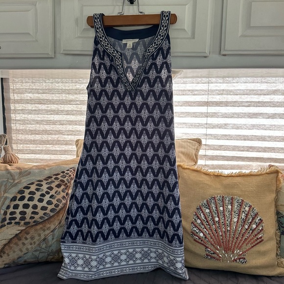 Sleeveless Midi Dress Size XS Blue White Alhambra Embroidered‎ Trim Stretch - Picture 7 of 8